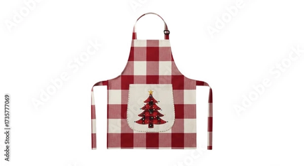 Obraz Festive red buffalo plaid apron with embroidered Christmas tree, perfect for holiday baking