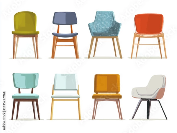 Fototapeta Cartoon illustration of a colorful set of minimalist wooden chairs with different colors and simple design. Clean and modern collection featuring smooth lines, natural materials