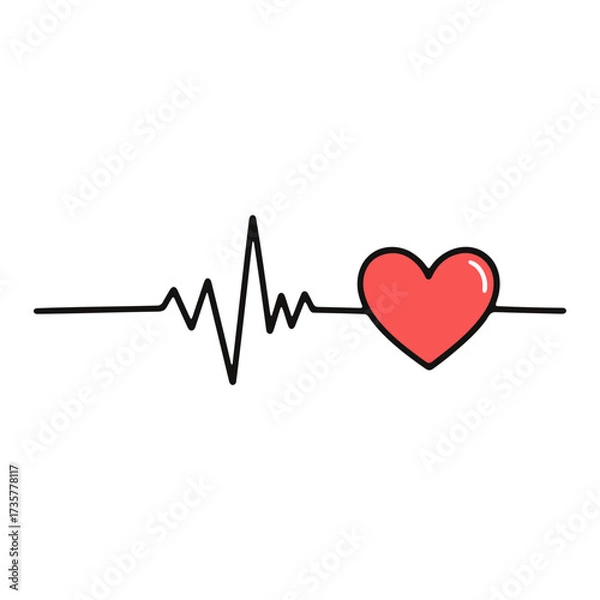Fototapeta Heartbeat line with a red heart at the end, representing life and love, on a plain white background