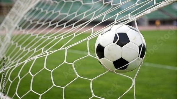 Fototapeta Soccer ball nestled in goal net on a vibrant green field.
