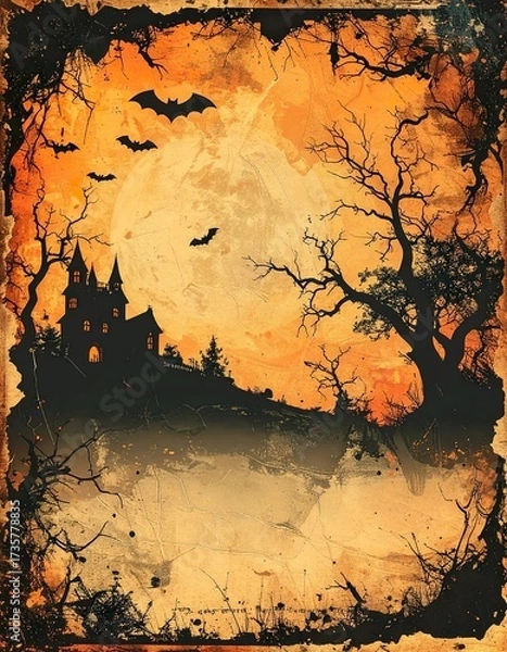 Obraz Grunge retro Halloween wallpaper with haunted house and bats on faded orange texture