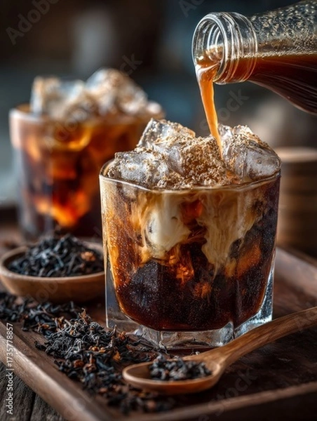 Fototapeta Refreshing Iced Drink: A cold drink is a refreshing moment and escape from daily routine, with a stream of freshly brewed coffee being poured over ice cubes.