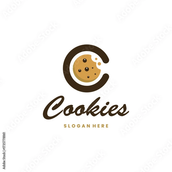Fototapeta Logo with a bitten chocolate chip cookie forming the letter C, perfect for bakeries and sweets.