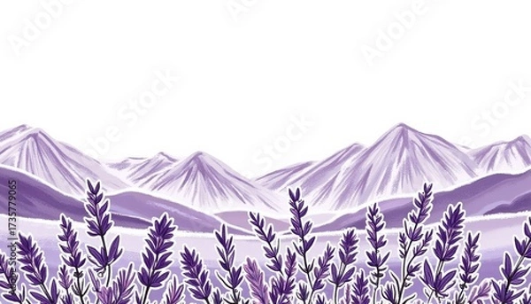 Obraz Lavender fields with mountains in a purple landscape illustration  