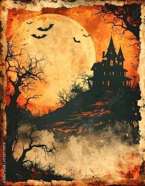 Obraz Grunge retro Halloween wallpaper with haunted house and bats on faded orange texture