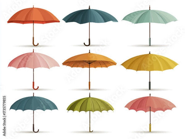 Fototapeta A lively set of 9 colorful umbrellas in soft pastel and bold shades, created in a modern vector flat style. Ideal for graphic design, weather icons, fashion accessories, or promotional materials