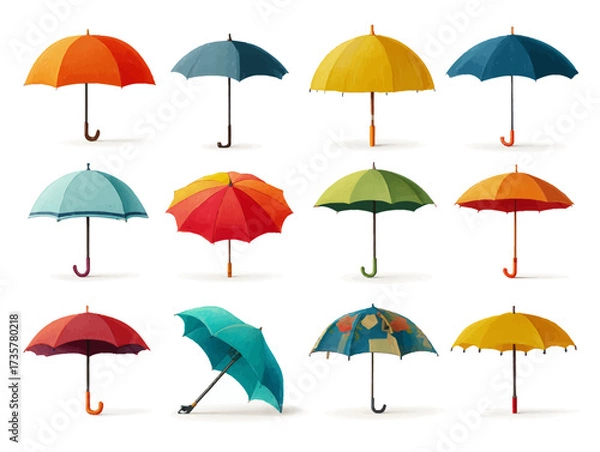 Fototapeta "A vibrant collection of 12 colorful umbrellas in various shades and patterns, illustrated in a flat vector style. Perfect for graphic design, weather-themed projects, fashion illustrations