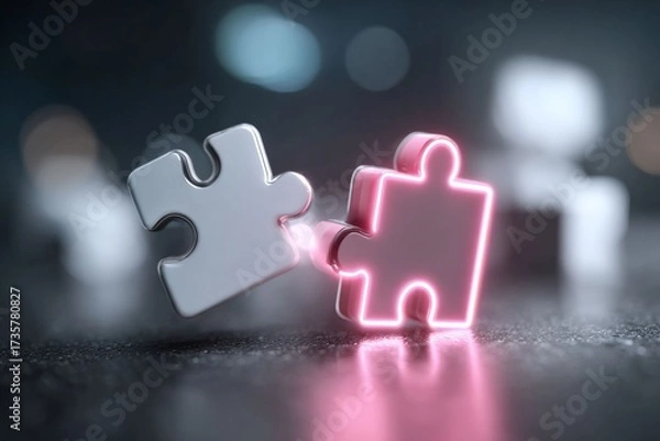 Fototapeta Interlocking Puzzle Pieces: Two puzzle pieces, one illuminated, near the other, symbolizing connection, collaboration, and problem-solving with a glowing effect.