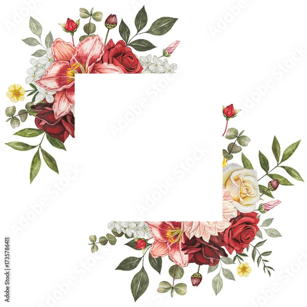 Obraz Square frame with autumn flowers. Red roses, lily, dahlia, leaves. Hand drawn watercolor illustration.