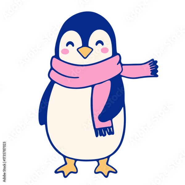 Fototapeta Cartoon penguin wearing a pink scarf and smiling with rosy cheeks on a white isolated background
