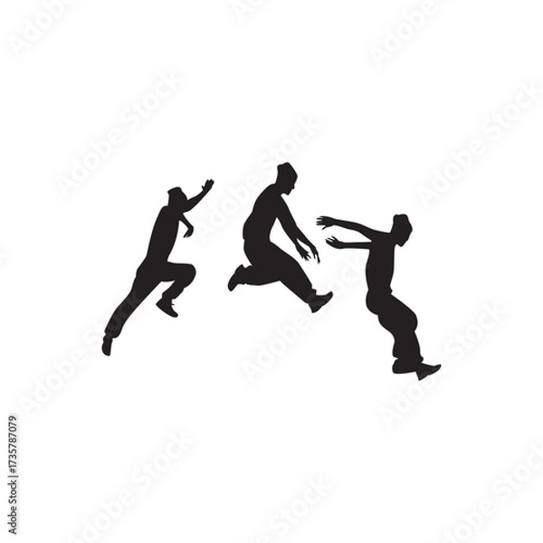 Fototapeta Dynamic jumping figures. Three action silhouettes mid-jump, sport, motion, teamwork.