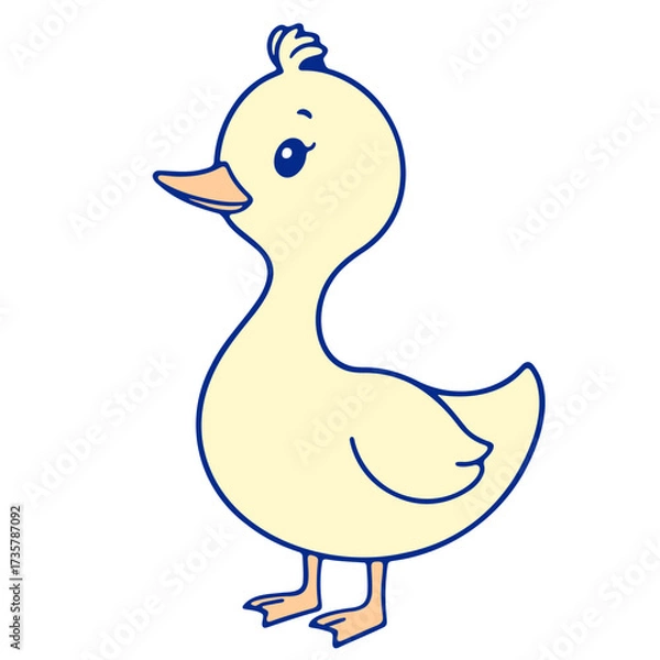 Fototapeta Illustration of a cartoon duckling with yellow feathers and blue outlines standing on a white background