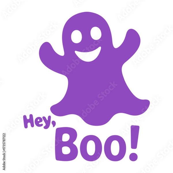 Fototapeta Purple cartoon ghost with a smile and the words hey boo in a playful halloween themed image style