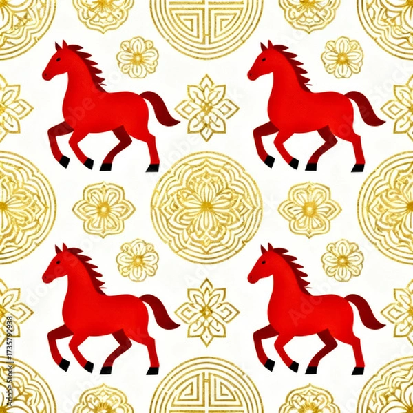 Fototapeta Seamless Pattern with Red Horses and Golden Floral Motifs for Elegant Decorative Designs.Symbol of Chinese New Year 2026.