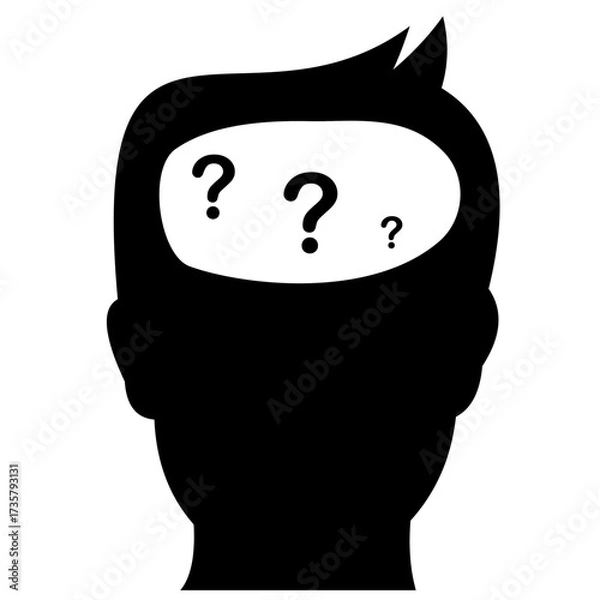 Fototapeta Silhouette of a head with a question mark in the brain area, indicating mental confusion or lack of focus, flat art design style.
