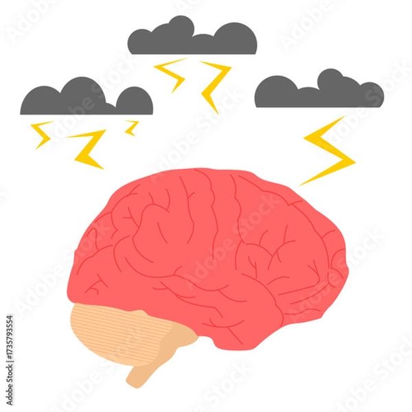Fototapeta Brain with dark clouds and lightning, representing crisis or severe psychological issues, flat art design style.
