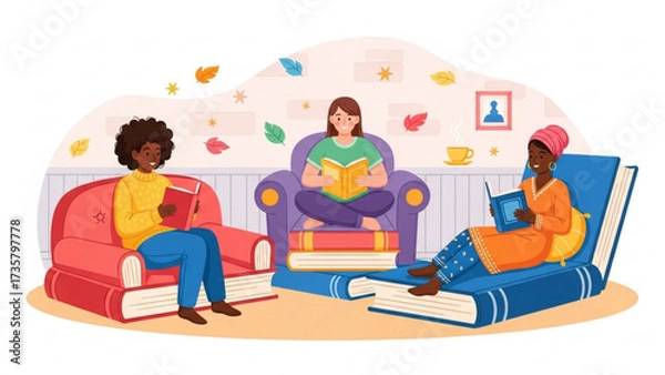 Fototapeta Diverse group of women reading books in cozy library setting, enjoying literature and relaxation in a peaceful and intellectual atmosphere.
