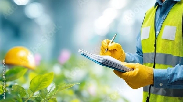 Fototapeta Environmental Inspector Documenting Observations: An environmental inspector meticulously records observations in a professional setting.
