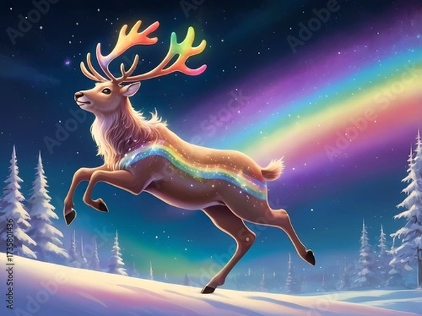 Fototapeta Reindeer running in magical winter wonderland with rainbow