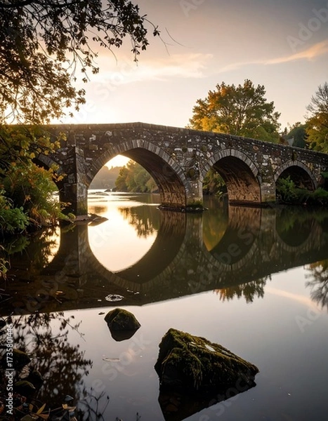 Obraz Stone bridge over tranquil river at sunrise