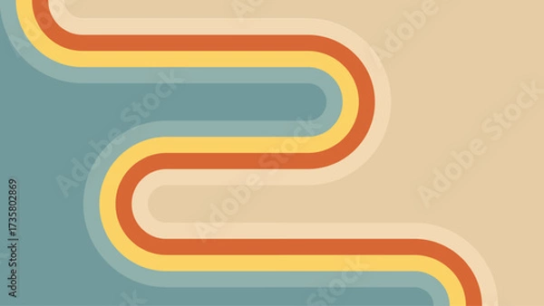 Fototapeta Abstract groovy retro rainbow background with 70s wave line. Vintage stripe pattern design for wallpaper. Dynamic swirl flow with creative playful curvy artwork template. 1960s hippie music print 