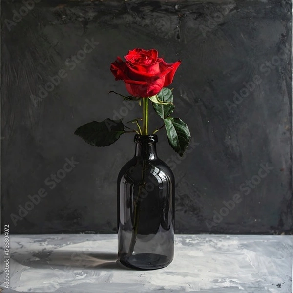 Fototapeta A single red rose in a dark gray bottle