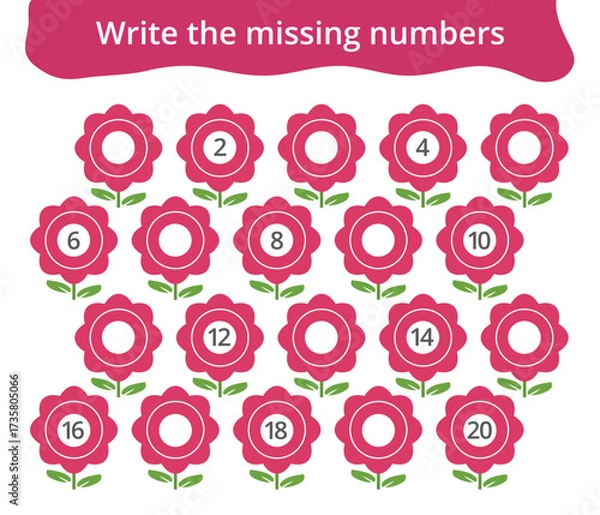Obraz Missing number worksheet for kids with flowers, count and write numbers from 1 to 20, great for preschool math learning and early number practice.