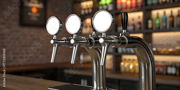 Obraz High-quality chrome beer taps mockup modern bar empty space for custom logo design