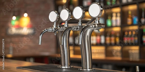 Fototapeta High-quality chrome beer taps mockup modern bar empty space for custom logo design