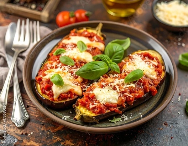 Obraz Stuffed eggplant halves with tomato sauce and cheese on a plate