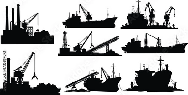 Fototapeta Industrial maritime silhouette, cargo ship vector, oil rig illustration, factory with crane, conveyor belt facility, refinery design, dockyard, machinery, shipping, industry