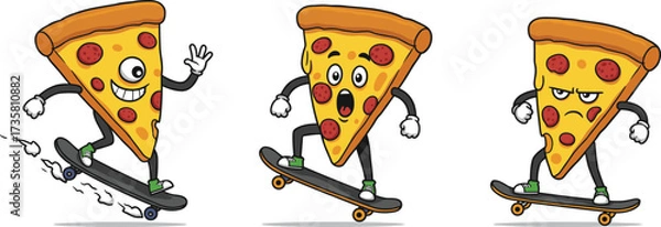 Fototapeta Funny cartoon pizza slice skateboarding, pepperoni pizza character with emotions, vector illustration, extreme sport food mascot, playful fast food design, isolated
