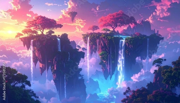 Fototapeta A surreal fantasy landscape with floating islands. Waterfalls falling into the sky. Glowing trees and dreamlike atmosphere. Vivid colors, surreal clouds, high detail, photorealistic yet imaginative. 
