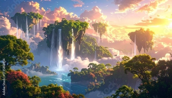 Fototapeta A surreal fantasy landscape with floating islands. Waterfalls falling into the sky. Glowing trees and dreamlike atmosphere. Vivid colors, surreal clouds, high detail, photorealistic yet imaginative. 