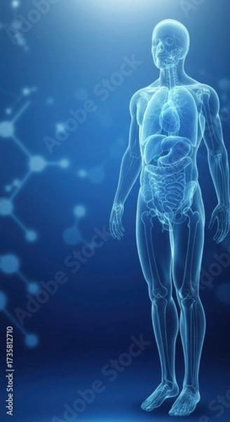 Fototapeta Human anatomy with internal organs and skeleton on blue background.