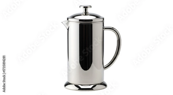 Fototapeta Coffee Press Elegance: A sleek, chrome coffee press, designed for optimal brewing, sits isolated, offering a modern touch to coffee preparation, embodying simplicity and functional elegance.