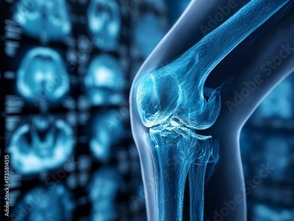 Fototapeta Human knee joint in detailed X-ray image showcasing anatomy and potential medical conditions for educational use