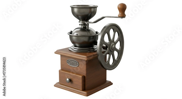 Fototapeta Vintage Coffee Grinder: A detailed depiction of a classic, manual coffee grinder with a wooden base. This image evokes a sense of tradition, craftsmanship.