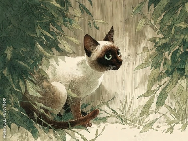 Fototapeta Detailed Illustration of a Curious Cat Observing Its Surroundings in a Lush Green Environment