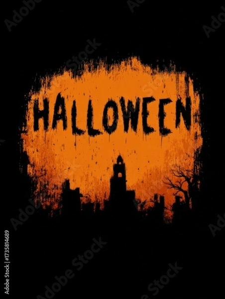 Fototapeta Halloween Night Silhouette: A chilling silhouette captures the essence of Halloween night. The eerie silhouette of a haunted mansion and bare trees, set against an illuminated orange backdrop.