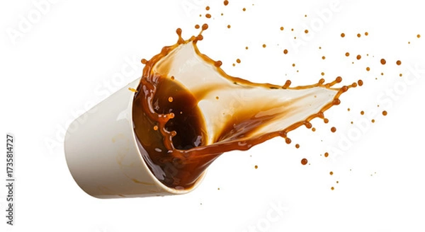 Fototapeta Coffee Spill in Motion: A captivating splash of rich, dark coffee explodes from a tipped cup, suspended mid-air, forming a dynamic, high-speed moment. capturing the raw energy and artistic beauty
