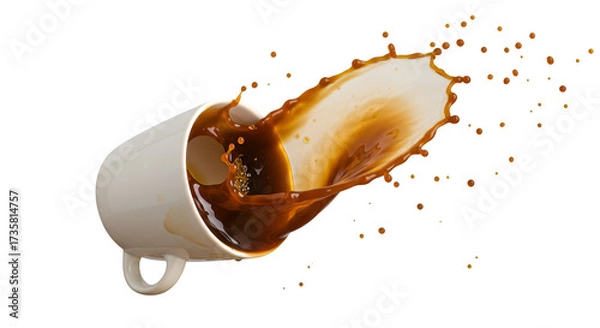 Obraz Spilled Coffee Splash: A dynamic moment captured as a white ceramic mug tips over, unleashing a cascade of rich, brown coffee, its form frozen in a splash.