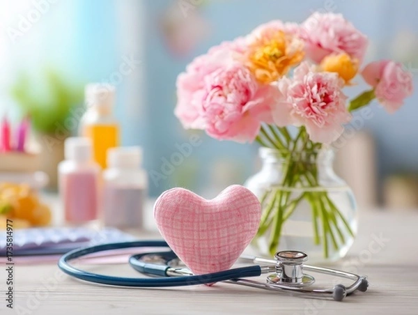 Fototapeta Pink Heart, Stethoscope, and Floral Arrangement on a Table in a Calm Medical Setting