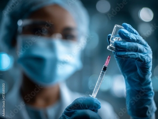 Fototapeta Healthcare professional preparing vaccine injection in sterile environment with focus on syringe and vial