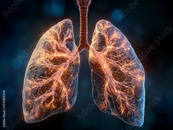 Fototapeta Artistic Representation of Lungs with Glowing Branching Vessels Against a Dark Background