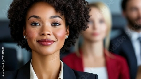 Fototapeta Confident Businesswoman Smiling in Professional Environment with Colleagues in Background at a Corporate Meeting