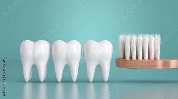 Fototapeta Dental Harmony: A visual representation of oral hygiene, featuring three pristine teeth next to a toothbrush, set against a subtle backdrop of fresh, teal green, evoking the importance of dental care.