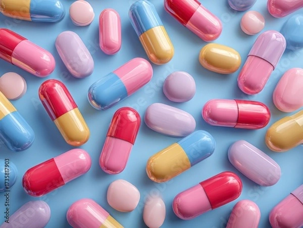 Fototapeta Colorful Assortment of Pills and Capsules on a Light Blue Background for Medical and Health Themes