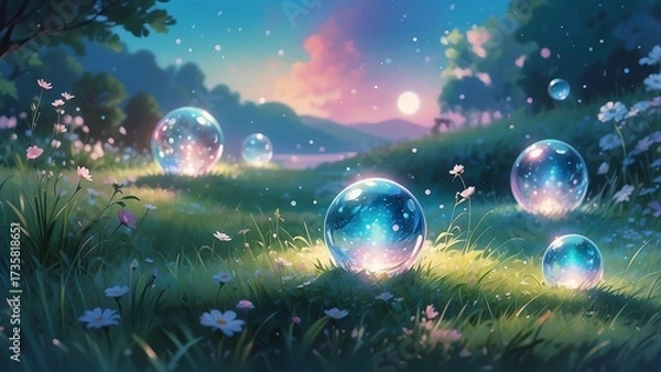 Fototapeta  ゲーム背景　キラキラ透明なガラスのような地球をイメージした球体がある風景