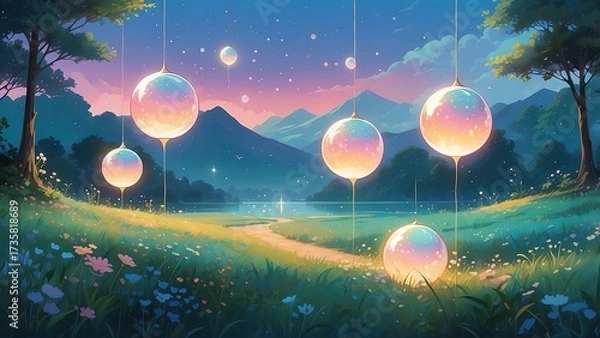 Fototapeta  ゲーム背景　キラキラ透明なガラスのような地球をイメージした球体がある風景